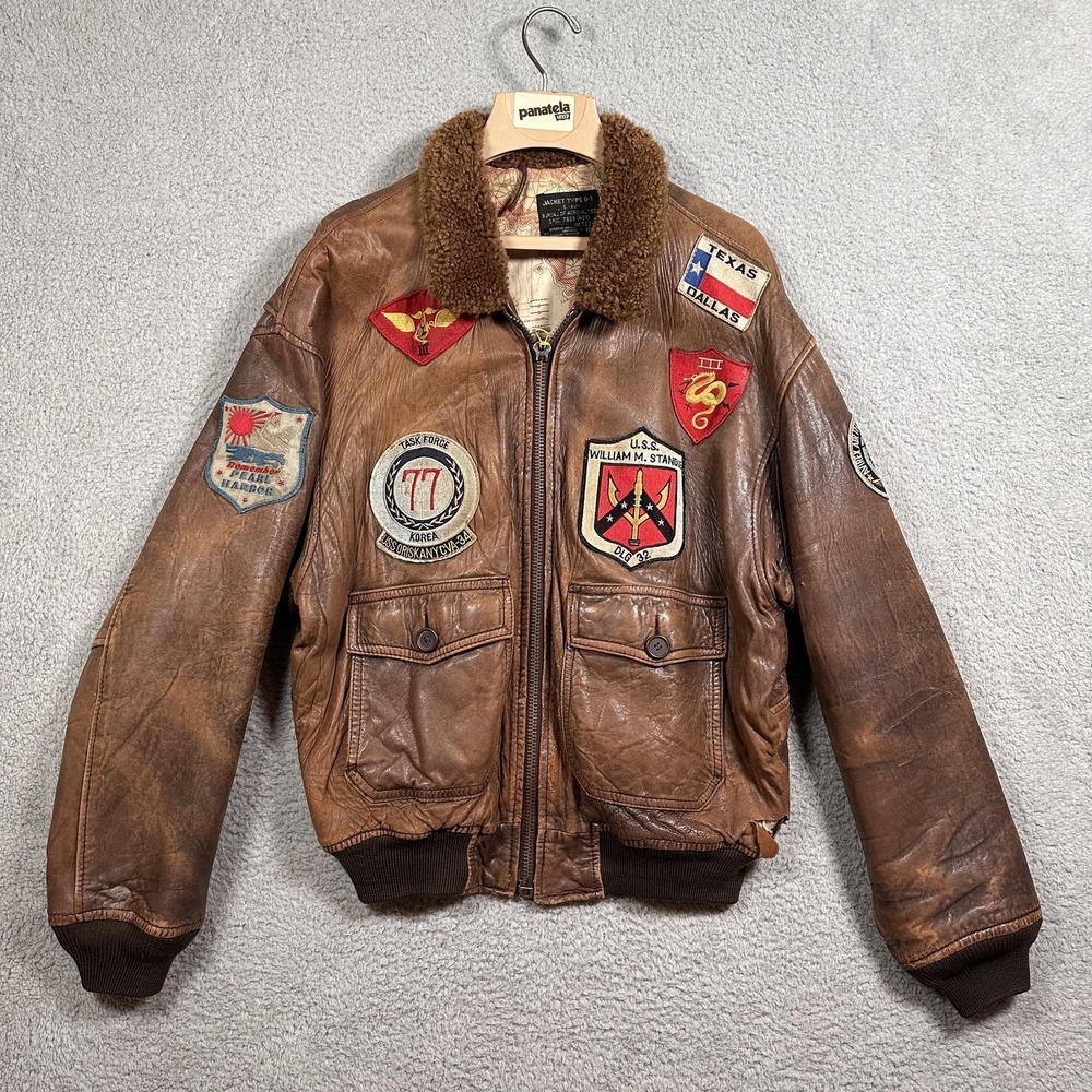 Vintage Avirex G-1 Jacket Men M US Navy Leather Bomber Patched Map Lined Top Gun